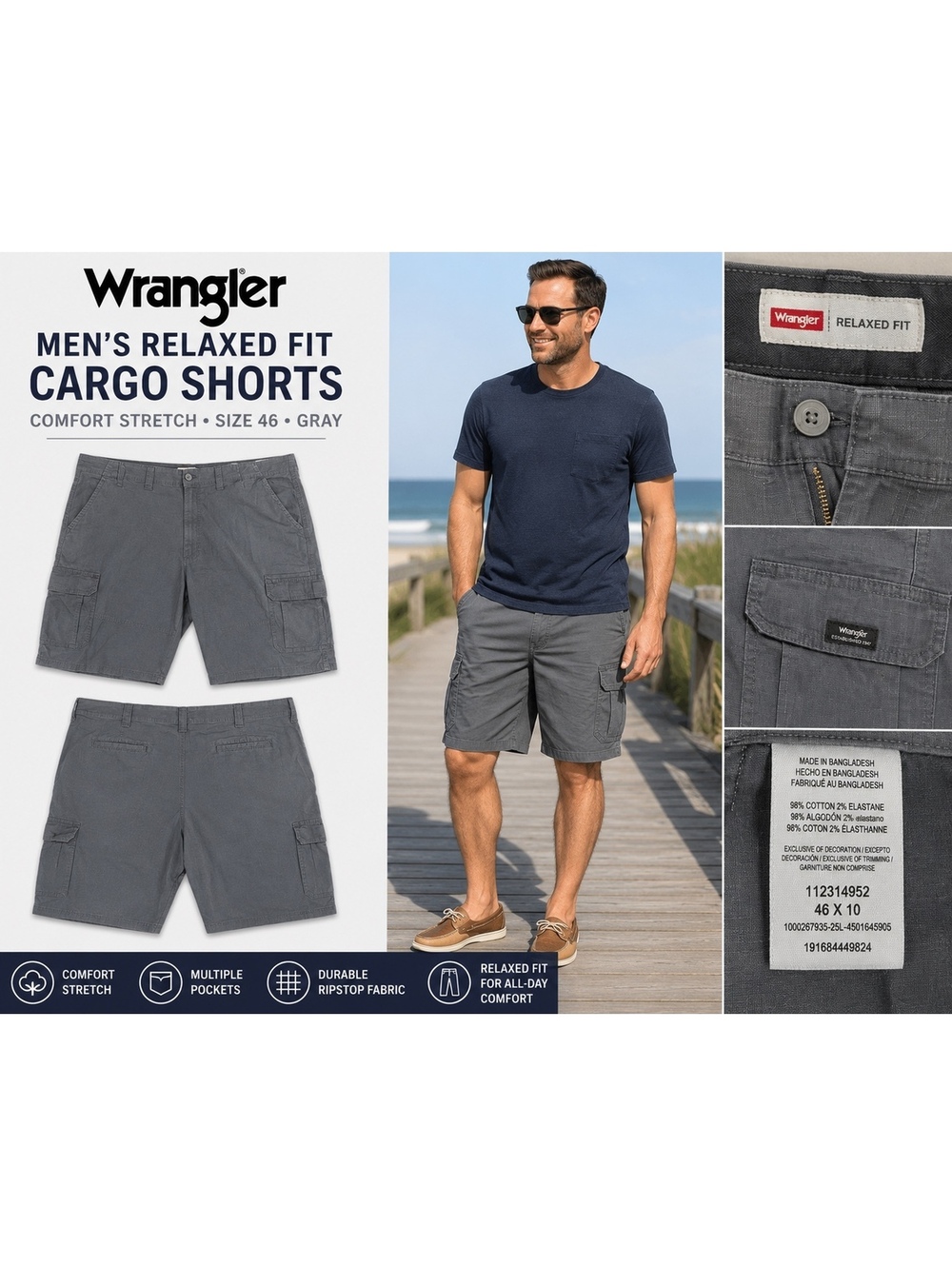 Wrangler Relaxed Fit Cargo Shorts Men’s 46 Gray Ripstop Comfort Stretch Outdoor